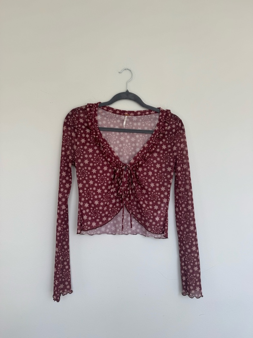 Free People Burgundy Star-Print Tie Front Long Sleeve Top
